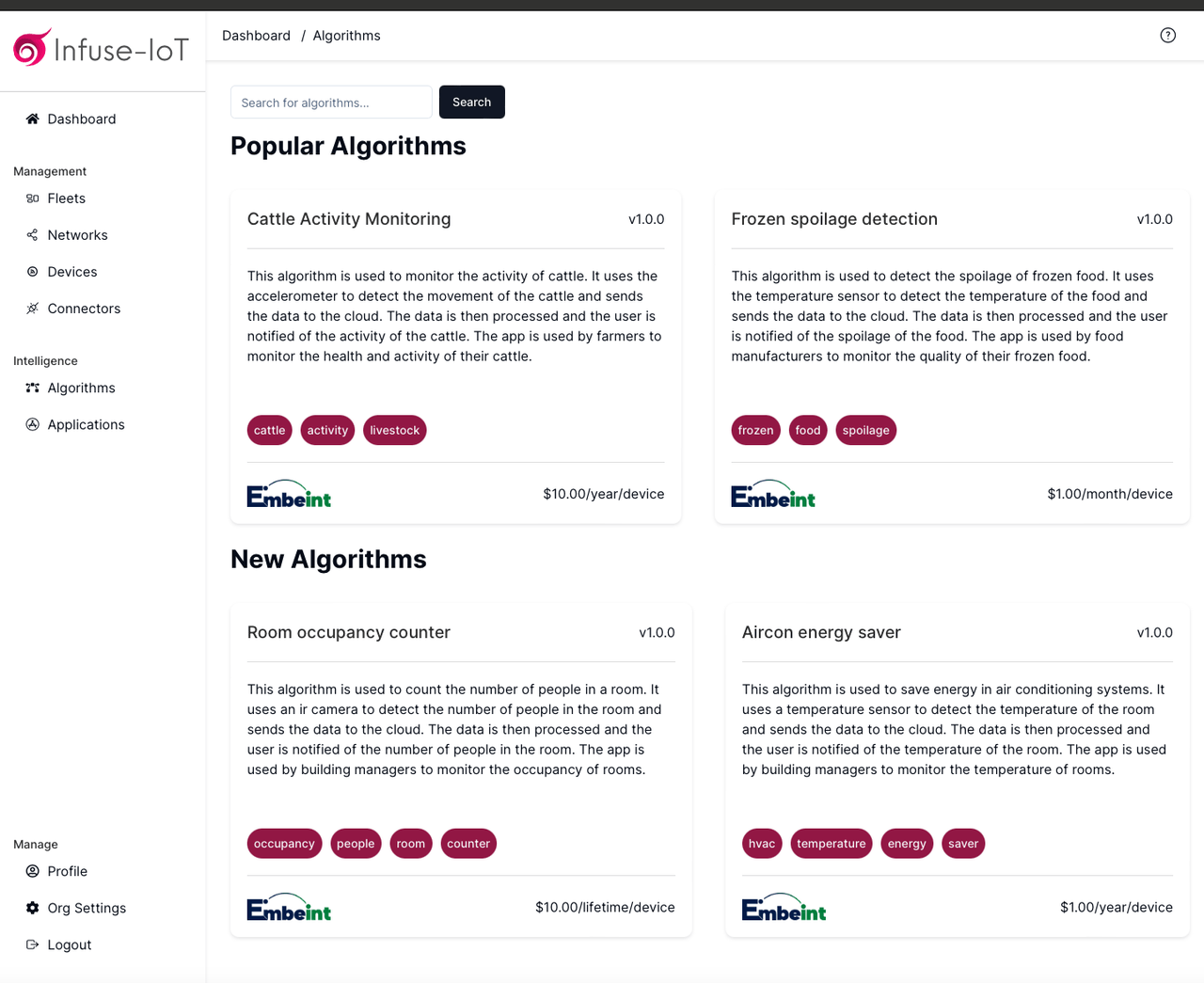 Infuse-IoT dashboard showing connected device fleet controls and telemetry