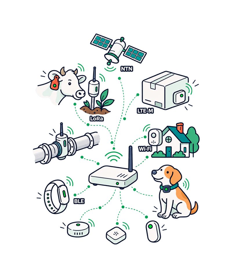 Illustration of Infuse devices: livestock tag, LoRa sensor, satellite NTN, LTE-M parcel, Wi-Fi, BLE collar and a gateway