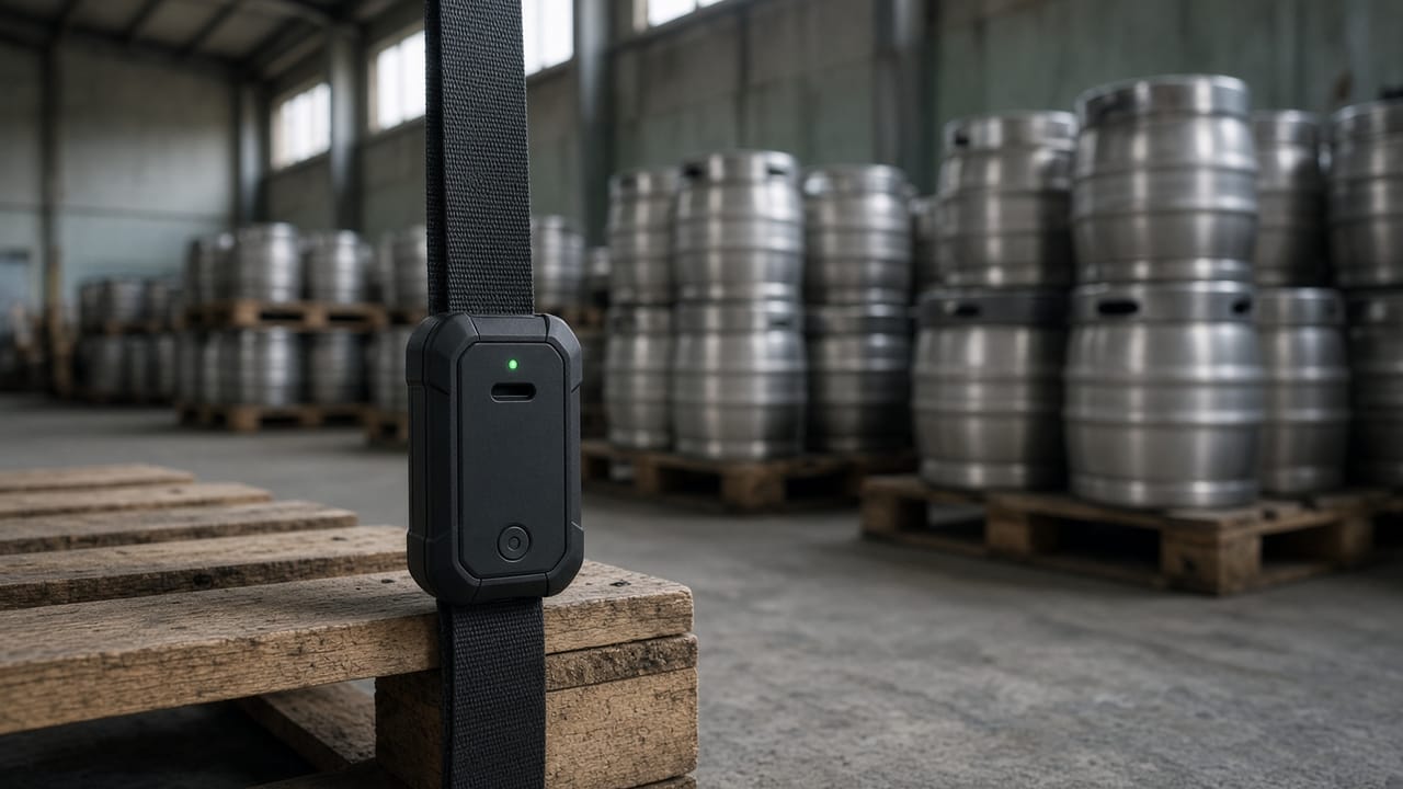 Tracker mounted on a pallet in a warehouse