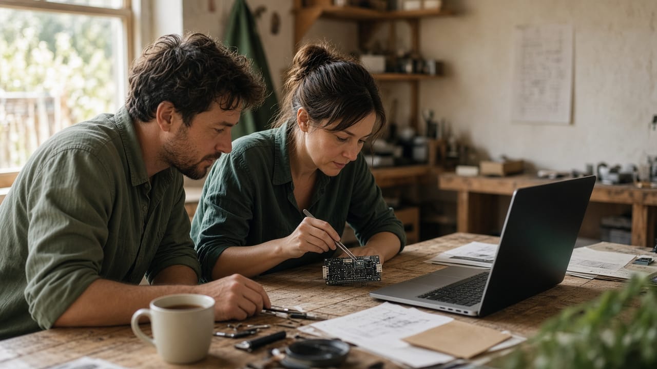 Two founders testing a device prototype at a workbench