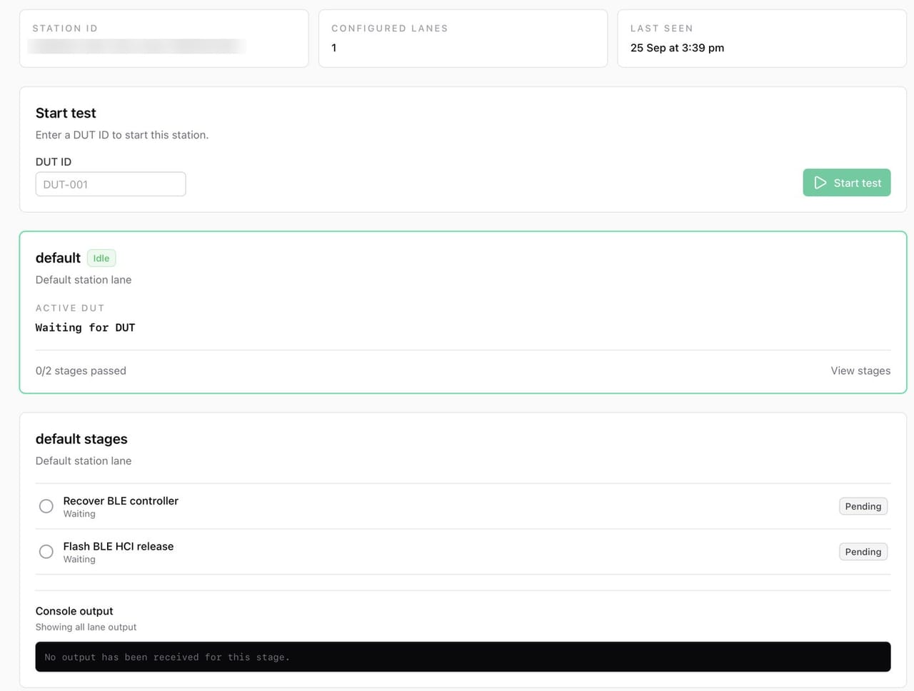 Infuse-HTF kiosk view: enter a DUT ID to start a test, with each stage and its console output