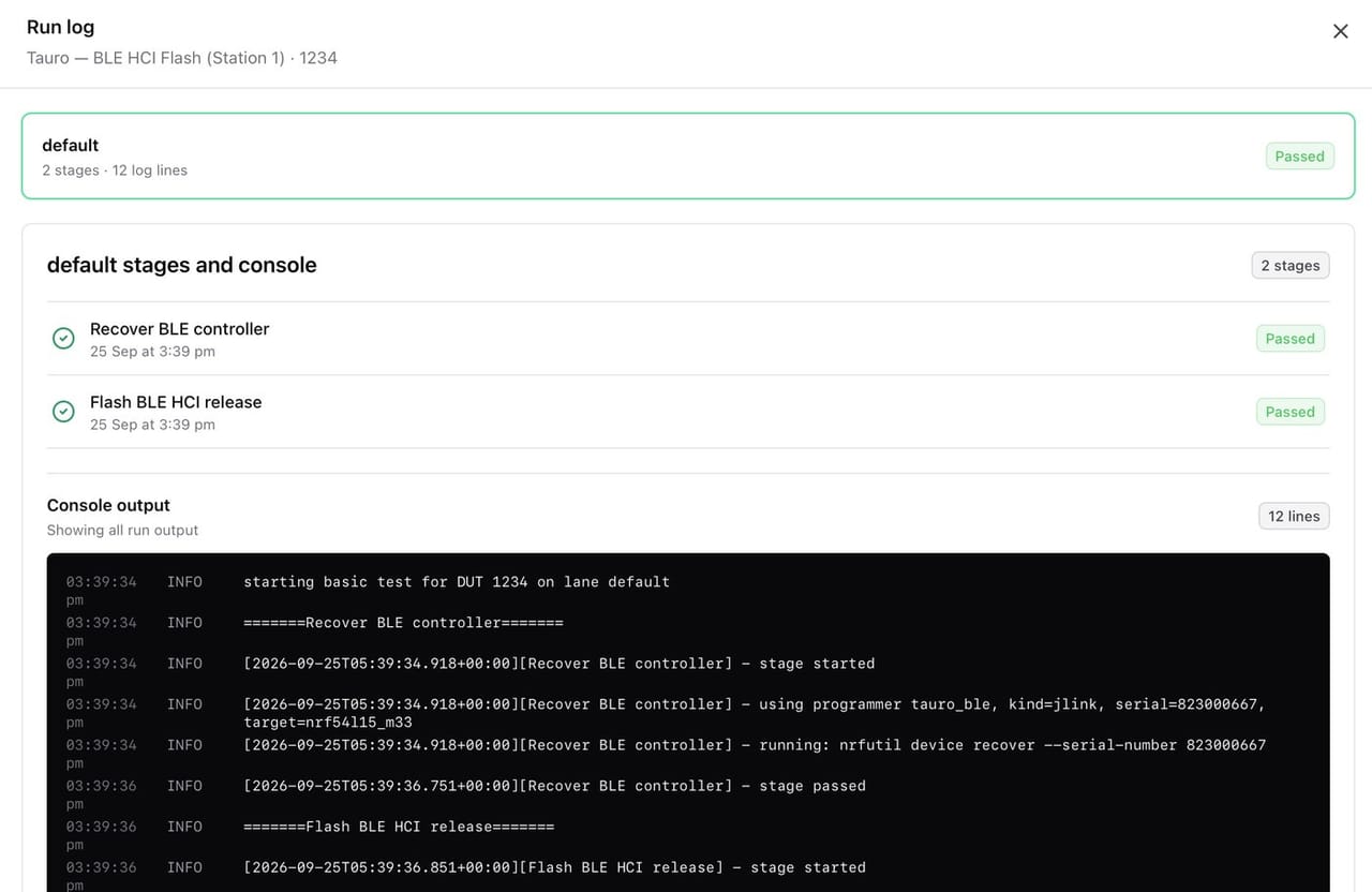 Infuse-HTF run log: passed stages and the full console output for one device under test
