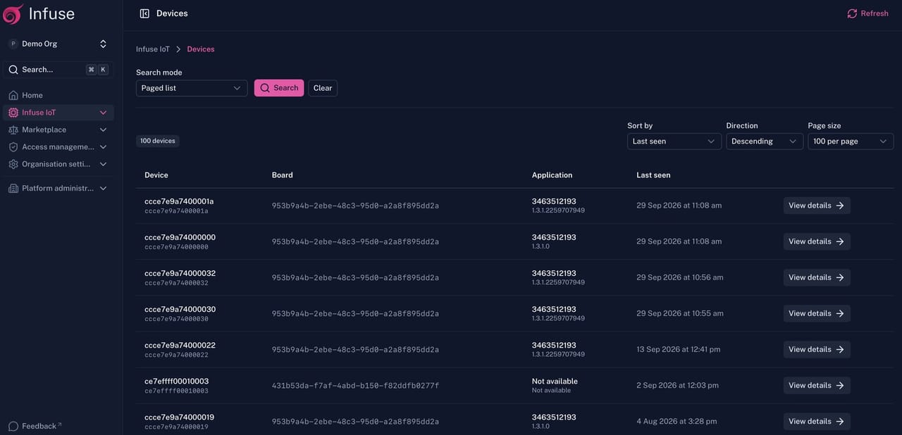 Infuse-IoT devices list in the Infuse portal