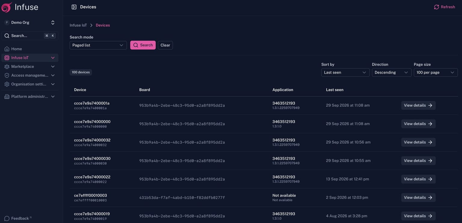 Infuse-IoT devices list in the Infuse portal