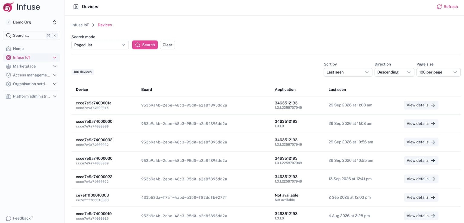 Infuse-IoT devices list in the Infuse portal