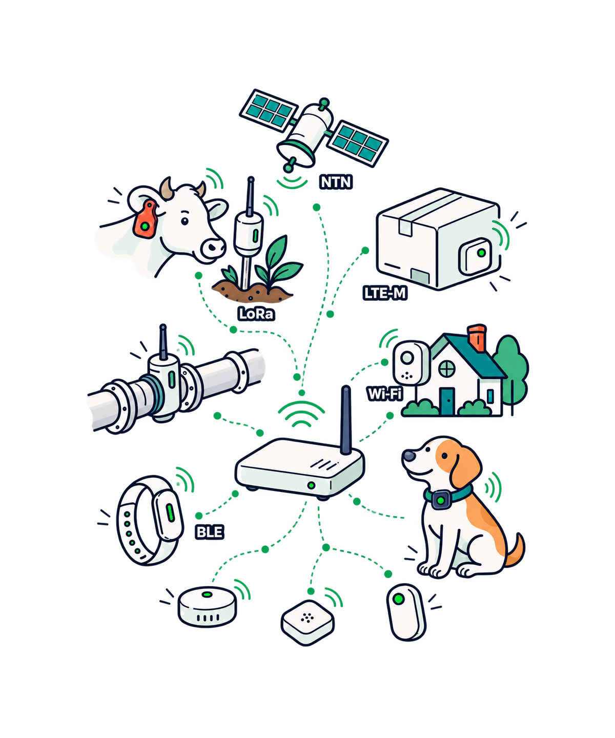 Illustration of Infuse devices: livestock tag, LoRa sensor, satellite NTN, LTE-M parcel, Wi-Fi, BLE collar and a gateway
